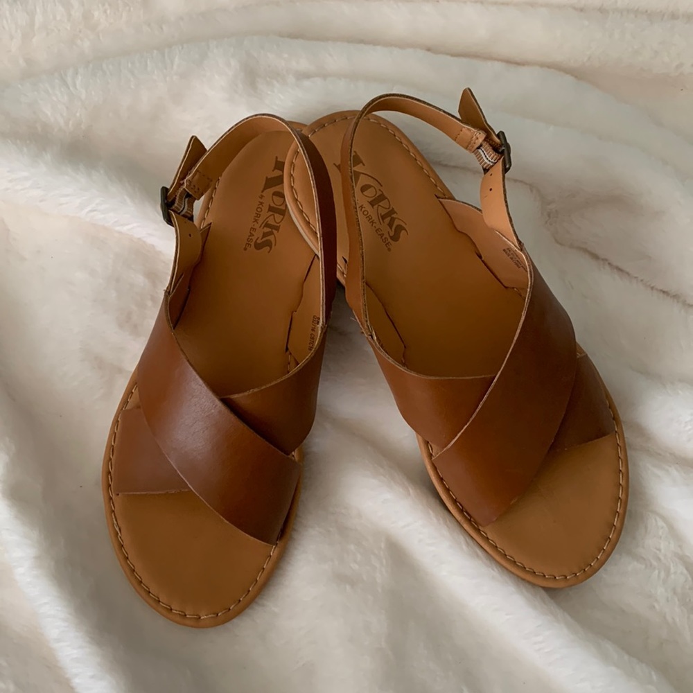 Womens brown leather sandals, korks, size 8